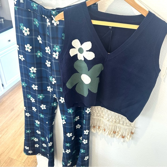 Unique Vintage Plaid Flower Power 70’s Retro Preppy Vest Flair Pants XL Set - Picture 7 of 12